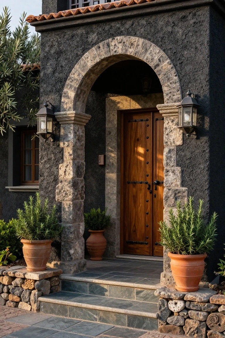 Black stucco house exterior with light stone arched entryway framing wooden double doors, flanked by lanterns and terracotta pots of rosemary on stone steps.