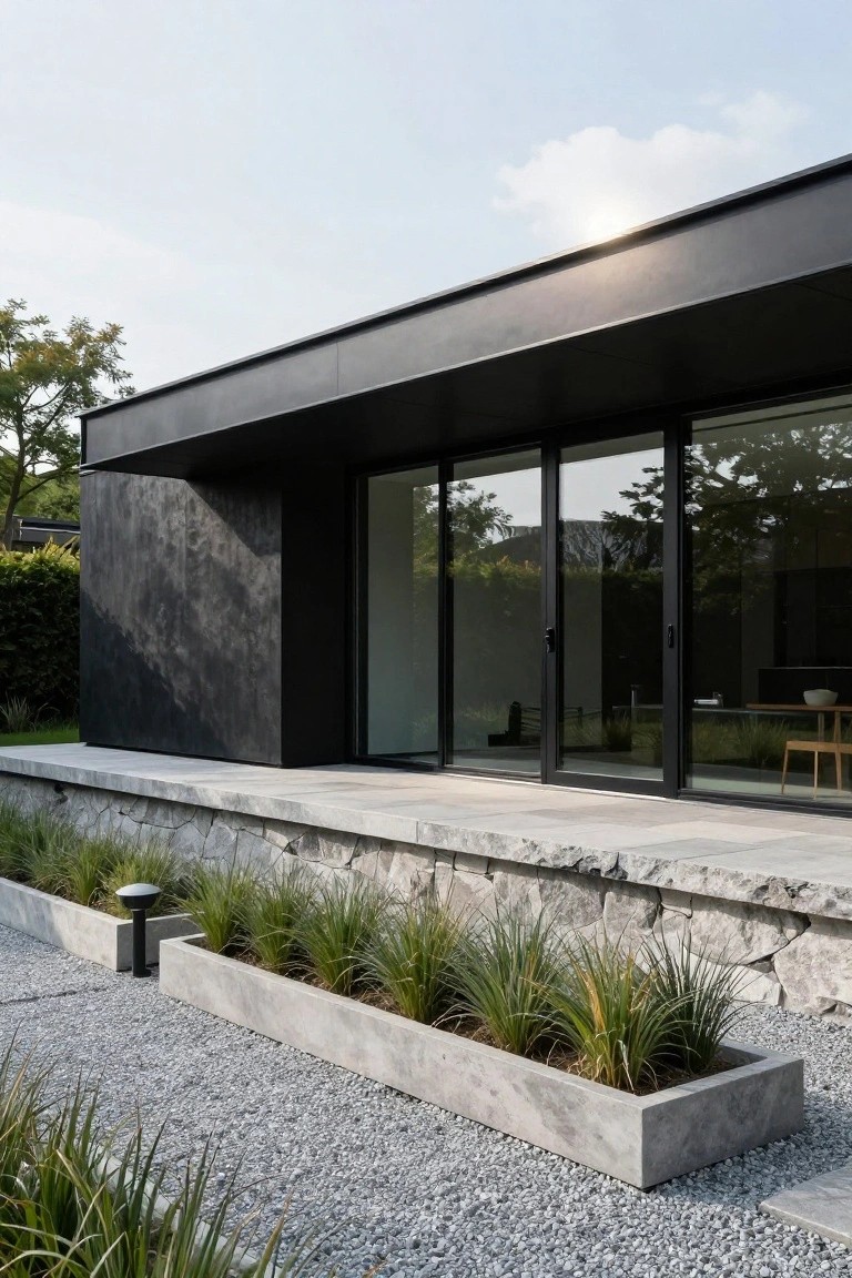 Black modern house exterior with textured dark walls, large black-framed sliding glass doors opening to a terrace, gray stone retaining wall base, concrete planters filled with ornamental grasses, and gravel path.