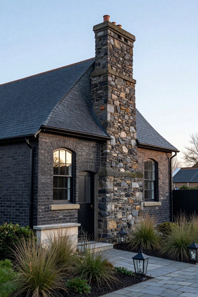 Side view of a black brick house with tall rugged stone chimney, dark slate roof, narrow multipane windows, black door, downspout, and entry path flanked by ornamental grasses and black lanterns.