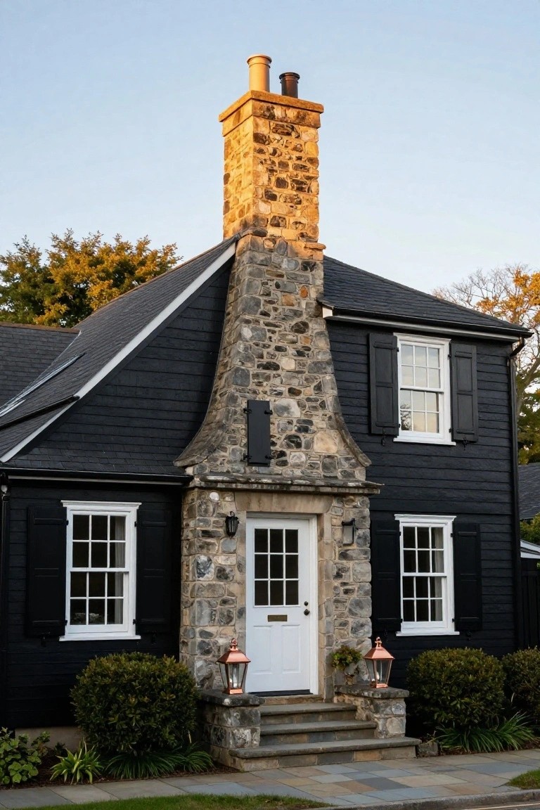 Black shingle-sided house with tall fieldstone chimney, stone entry porch, white-framed windows and door, copper lanterns, boxwood shrubs, and bluestone steps and path in front yard.
