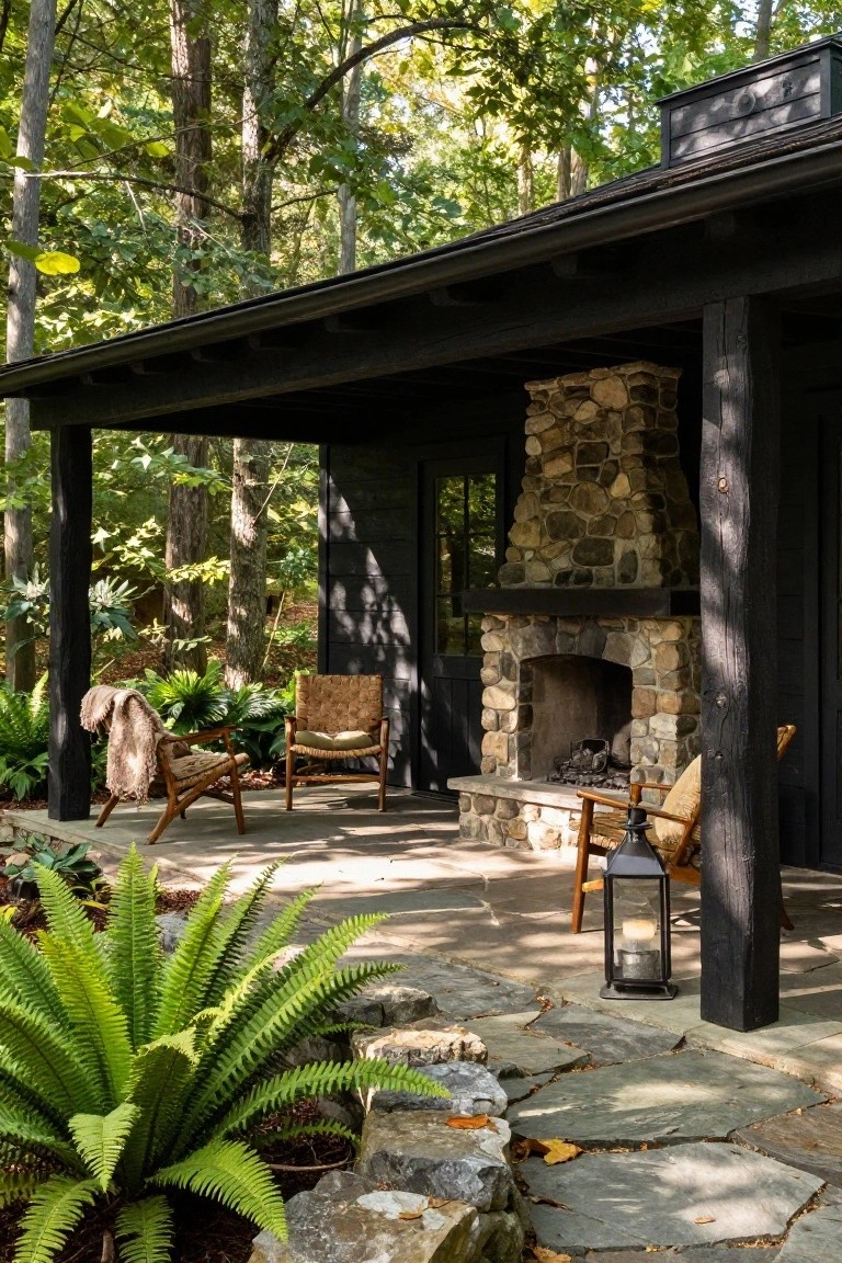 Black timber porch with tall stacked stone chimney and fireplace, two rattan chairs with cushions and throw, metal lantern, ferns and plants, stone pavers, surrounded by trees and forest.