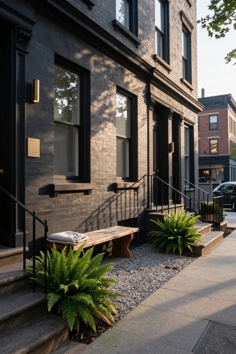 Black-painted brick townhouse exterior with stone stoop, black railings, wooden bench with blanket, ferns in gravel beds, and brass light fixture on a city street.