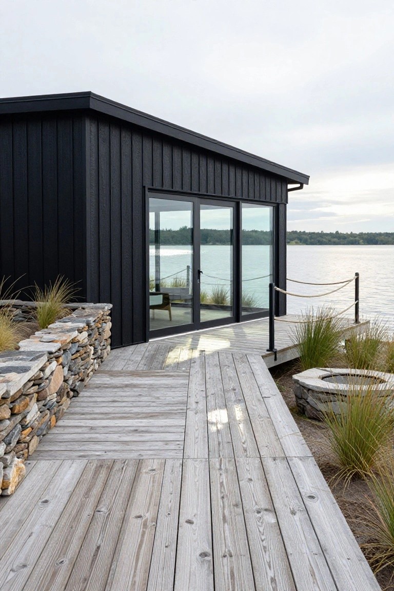 Black wood-clad house corner with large glass sliding doors opening to a light wood deck by a lake, low stone retaining walls planted with grasses, rope railing, and circular stone fire pit.