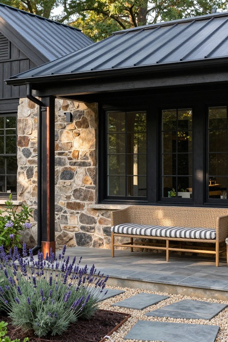 House exterior with black metal roof, fieldstone walls accented by a copper downspout, black-framed windows, a striped cushioned bench on a porch, and lavender plants beside a gravel path.