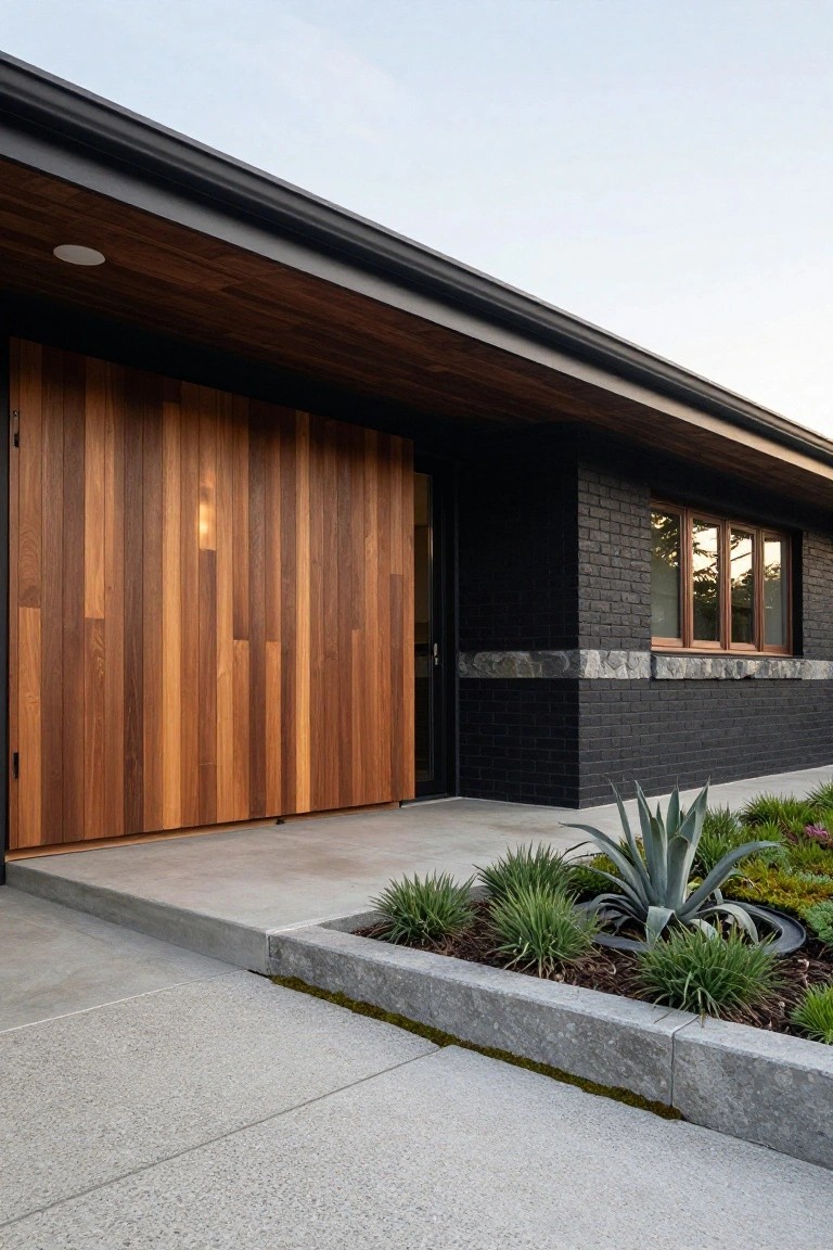 Wood Garage Door on Black Brick Facade