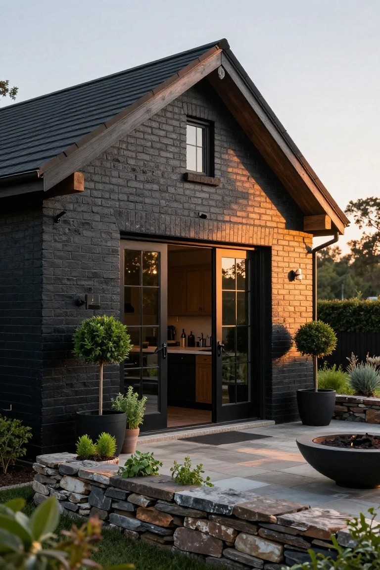 Small single-story black brick house with gabled dark roof and exposed wood eaves, featuring open black-framed sliding glass doors revealing a kitchen interior, potted plants on a stone retaining wall, and a round black fire pit on a paved patio surrounded by greenery.