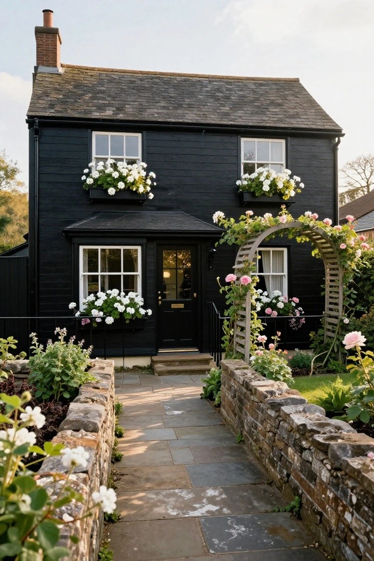 Black clapboard two-story cottage house with white-framed windows and doors, large window boxes overflowing with white flowers, wooden archway covered in pink roses over the entry, stone garden walls, and flagstone pathway leading to the front door.