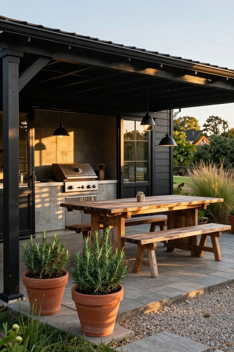 Black wooden covered patio attached to house with built-in stainless steel grill on concrete counter, wooden dining table and benches on tiled floor, two terracotta pots with rosemary plants, grass and ornamental grasses in background.