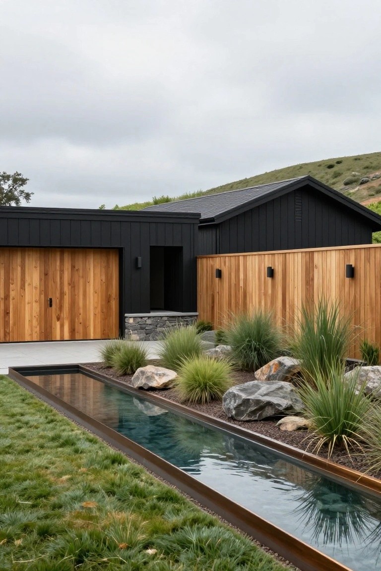 Black board-and-batten ranch house exterior with open wooden garage door, cedar fence, stone base, and linear reflecting pool edged with grasses, rocks, and green lawn.