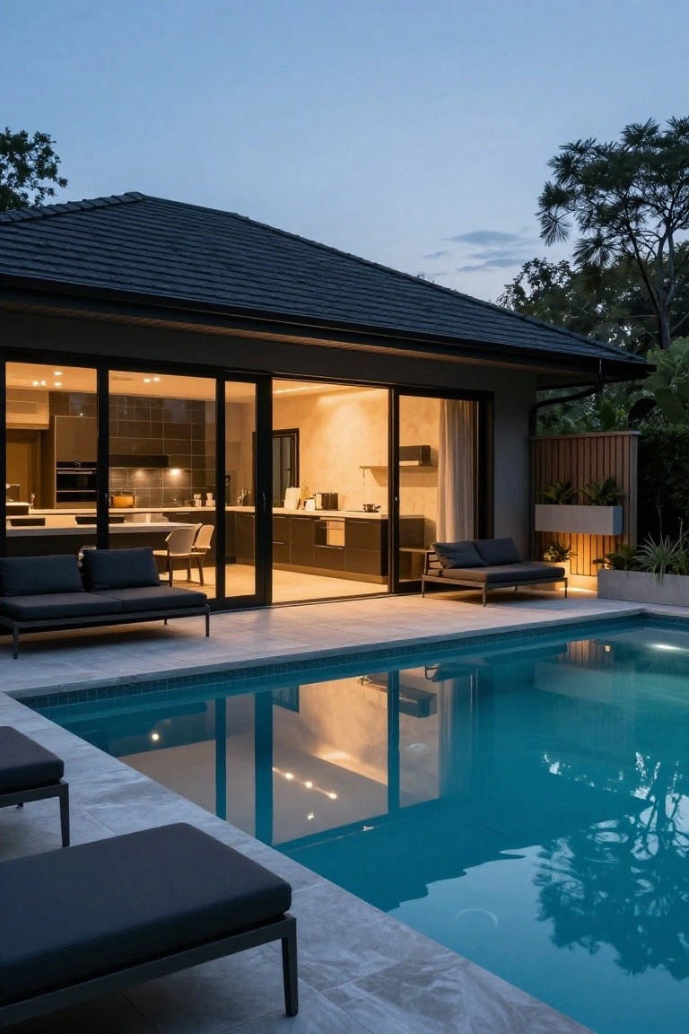 Modern black-roofed ranch house at dusk with large open sliding glass doors showing kitchen interior, next to a lit rectangular pool and lounge chairs on tiled patio surrounded by plants.