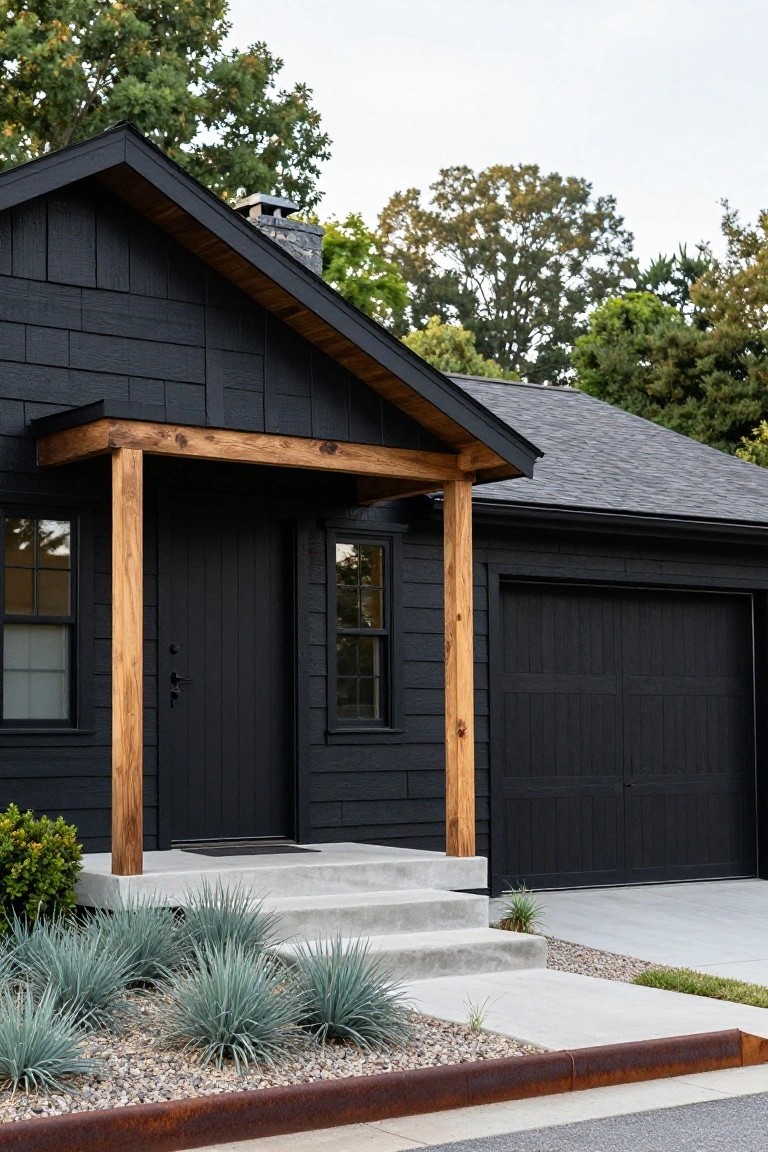 Black board-and-batten ranch house with gabled roof, wood-posted front porch, black door and windows, attached black garage door, concrete steps, gravel bed with agave plants, and trees in background.