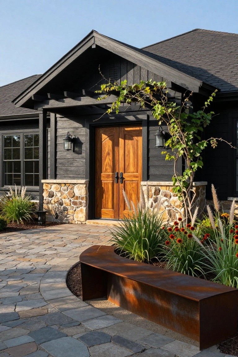 Front exterior of a black shingle ranch-style house with double wooden entry doors centered between stone pillars, flanked by black-framed windows, a vine climbing the corner, paver stone pathway, ornamental grasses, flowers, and a curved corten steel bench.