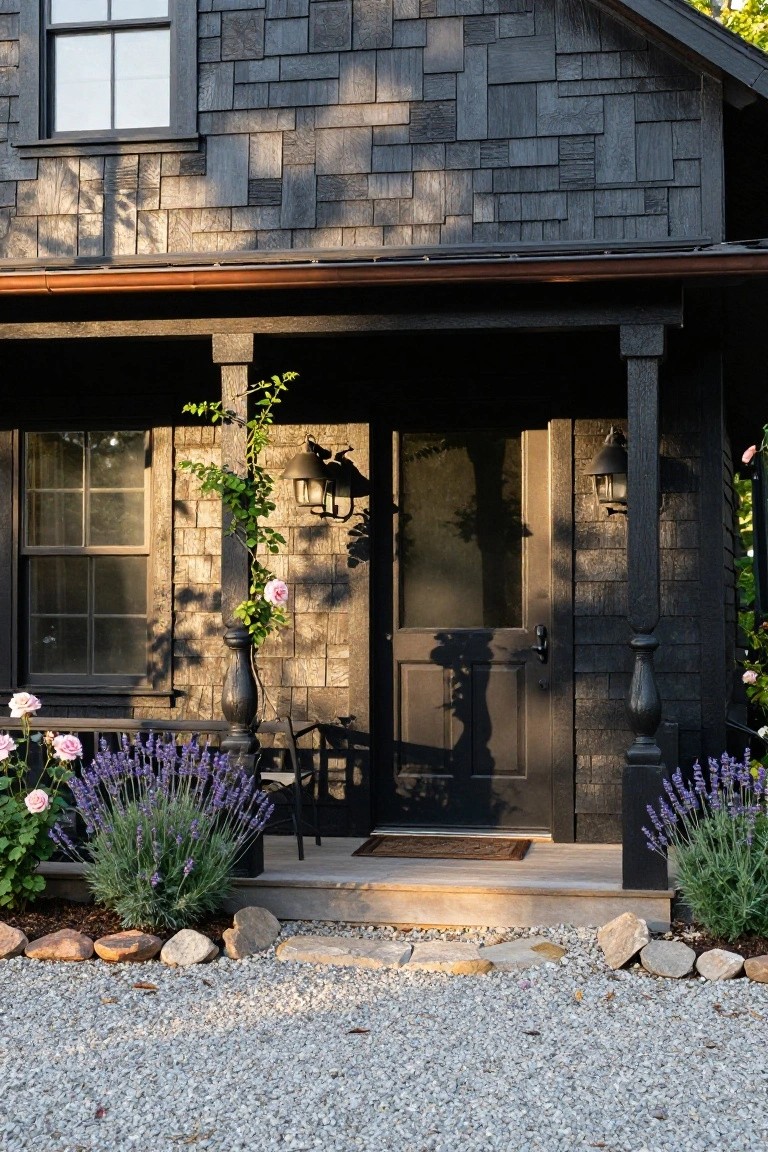 Front view of a single-story ranch house with dark shingled siding, a covered porch with black door and posts, climbing vine on one post, lavender plants on both sides, and gravel driveway.