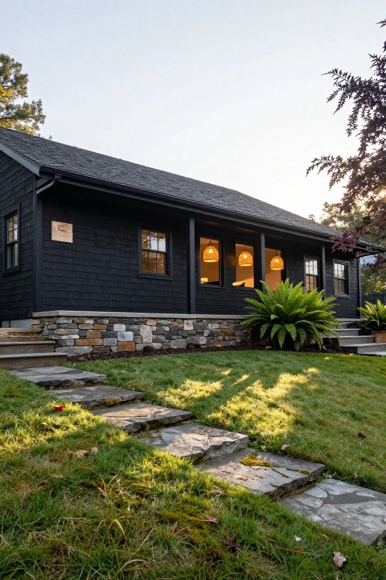 Black shingled ranch house with stone foundation, concrete steps, flagstone path through grass lawn, ferns, and trees in evening light.
