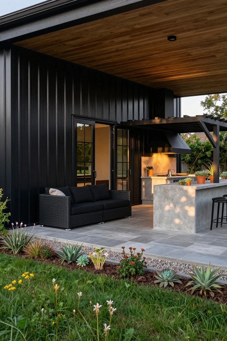 Black corrugated metal sided house with sliding glass doors opening to a covered outdoor kitchen with concrete counter, grill, bar stools, black wicker sofa on gray tile patio, succulents and green lawn in front.