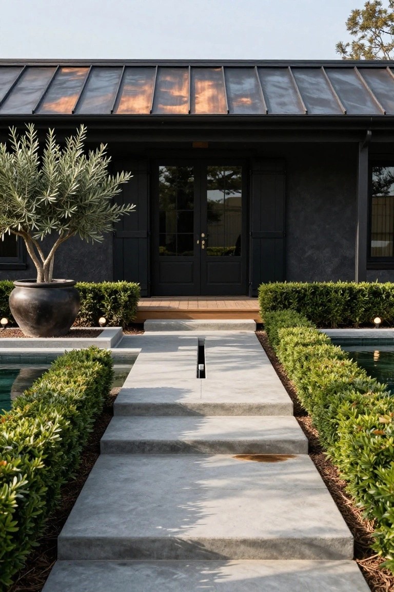 Black ranch-style house exterior with copper standing-seam metal roof, black double doors, concrete pathway lined by boxwood hedges, large potted olive tree, and adjacent pool.