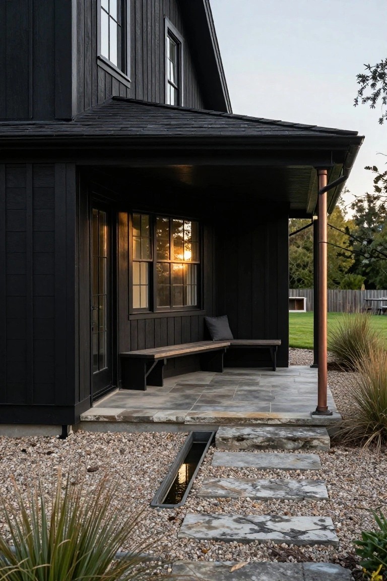 Side view of a black board-and-batten ranch-style house featuring a covered porch with a wooden bench, glass door, large windows, copper post, stone steps, gravel path, linear water channel, and ornamental grasses.