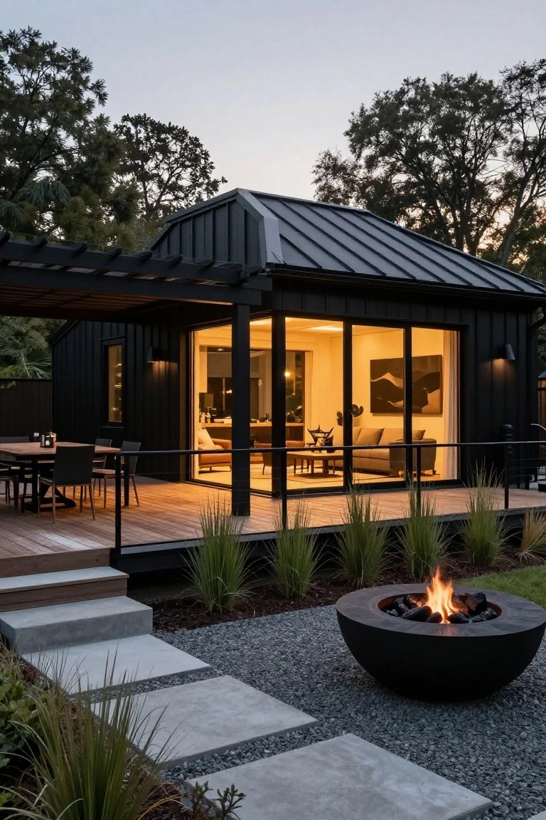 Black ranch house exterior at dusk with standing-seam metal roof and board-and-batten siding, wooden deck under black pergola with dining table and chairs, large glass sliding doors open to lit interior, black bowl fire pit in gravel area with concrete path and grasses.