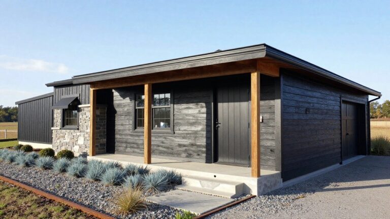 Black board-and-batten ranch house with gabled roof, wood-posted front porch, black door and windows, attached black garage door, concrete steps, gravel bed with agave plants, and trees in background.