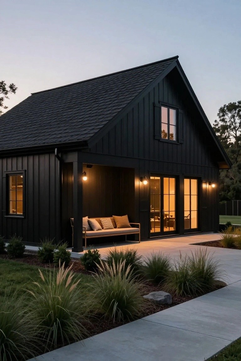 Black board-and-batten gabled ranch-style building exterior at dusk with covered porch, bench with pillows, lit glass doors, pathway, and ornamental grasses.