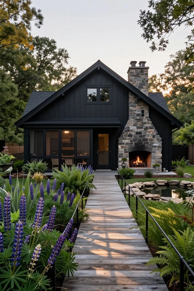 Black ranch-style house with board-and-batten siding, tall stone chimney and outdoor fireplace, screened porch, wooden walkway bordered by purple lupines and ferns leading to the entrance amid landscaped gardens.
