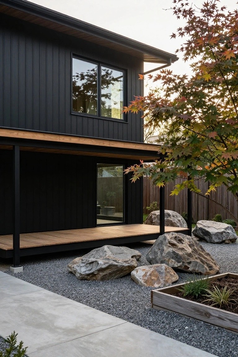 Black vertical board-and-batten house exterior with wooden porch overhang, large glass entry door, and adjacent gravel yard with boulders and plants under a red maple tree.