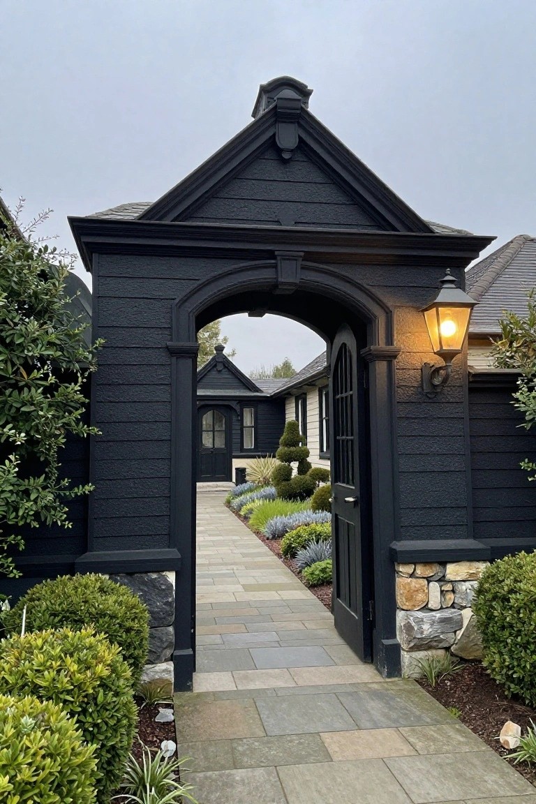 Black shingled arched gateway with open wooden gate and lantern, flanked by stone walls and shrubs, opening to a stone path through a landscaped garden toward a small black building.