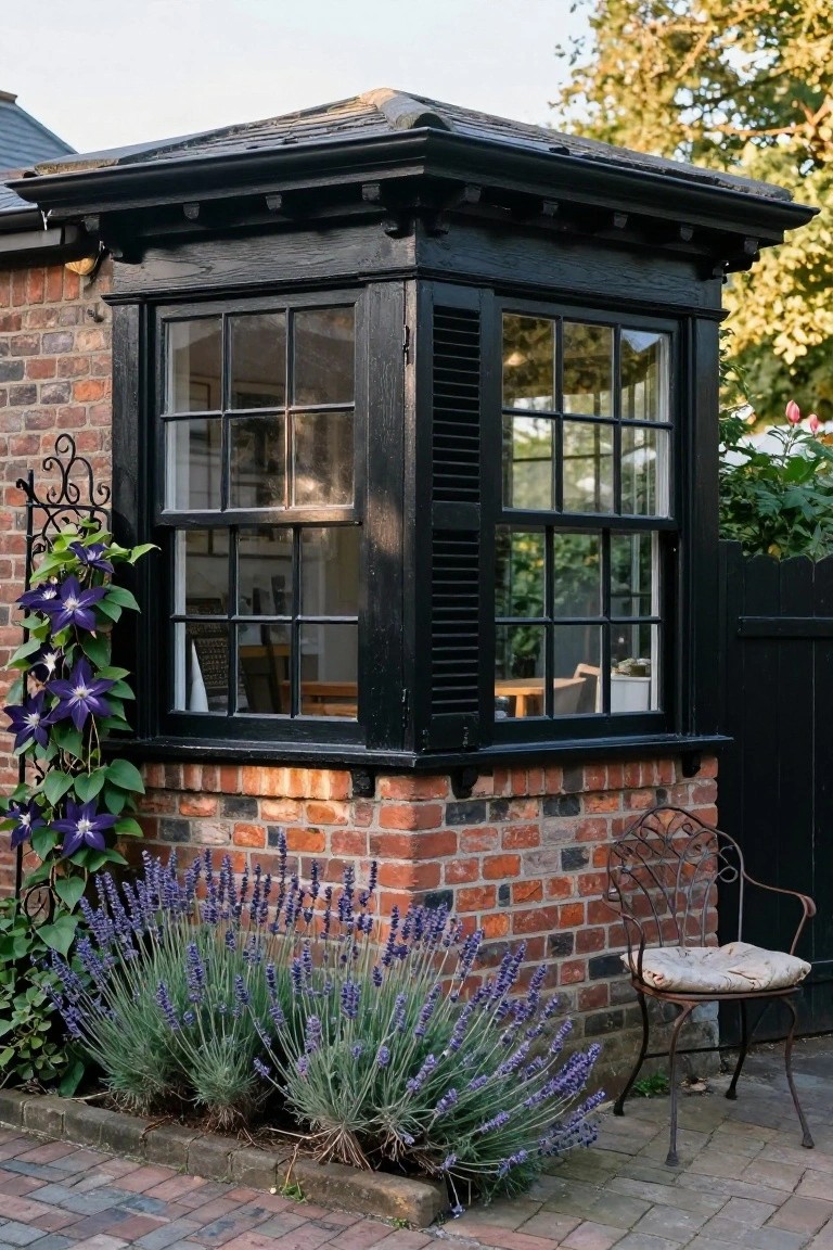 Corner view of a protruding black wooden bay window with multi-pane glass and shutters on a red brick wall, flanked by climbing clematis vines and lavender plants beside a wrought iron chair on a paved path.