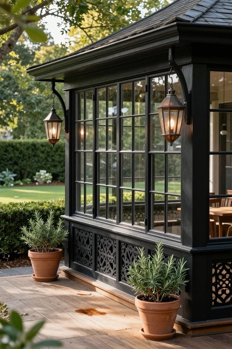 Corner view of a black wooden gazebo pavilion with glass-paneled walls, hanging bronze lanterns, potted rosemary plants on a wooden deck, and garden surroundings.