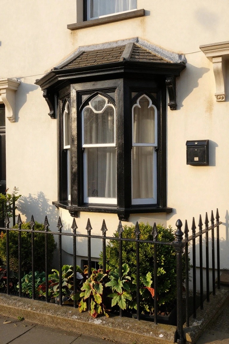 Cream-colored Victorian terraced house exterior with projecting black wooden Gothic bay window featuring arched tracery and white curtains, black mailbox mounted on wall, black iron railing with clipped shrubs in front.