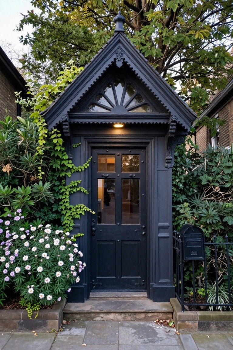 Black-painted Gothic porch entrance with pointed gable, fanlight window, wooden door, lantern light, ivy climbing the side, flowers in front, and brick buildings nearby on a stone pathway.