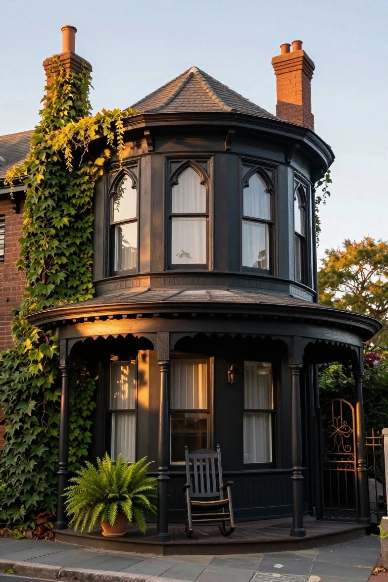 Black painted Victorian house exterior with octagonal turret featuring Gothic arched windows, climbing ivy, curved porch with rocking chair and potted fern, brick chimneys, and adjacent brick building at dusk.