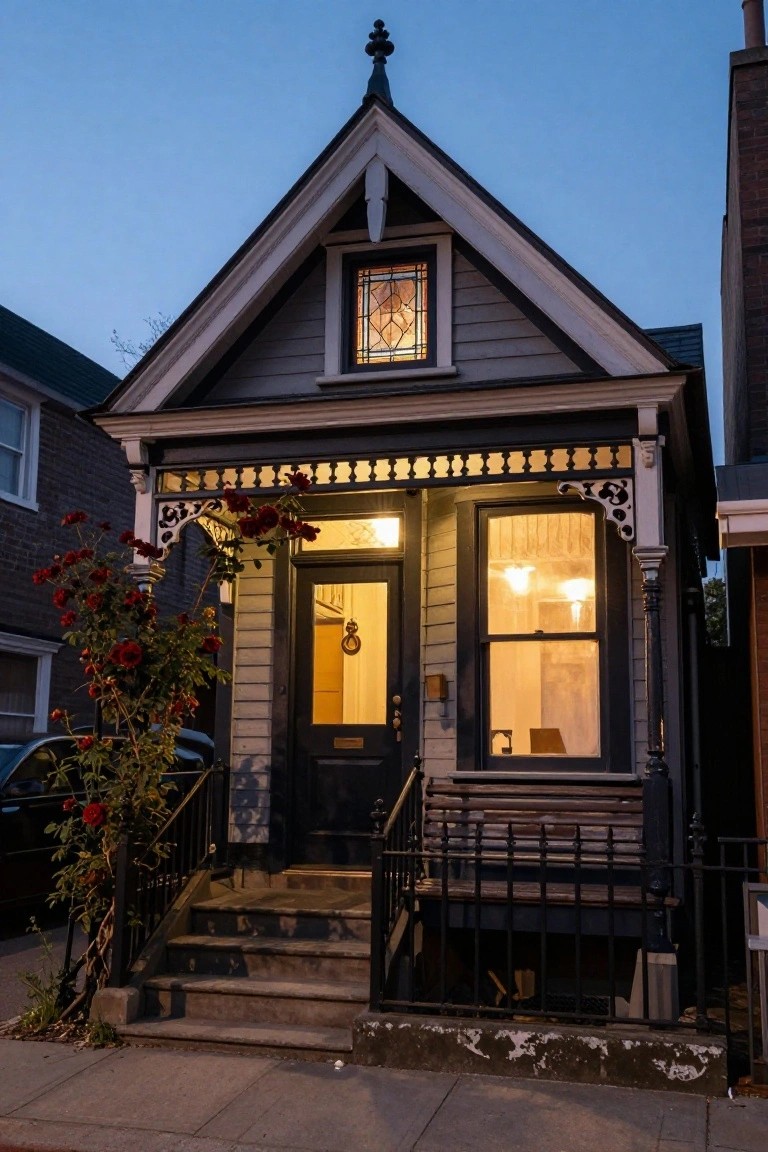 Narrow two-story Victorian house exterior at twilight with dark shingle siding, white trim, pointed gable containing a lit stained glass window, ornate porch brackets, black front door, iron railing with bench, steps, and red climbing rose bushes beside a parked car.