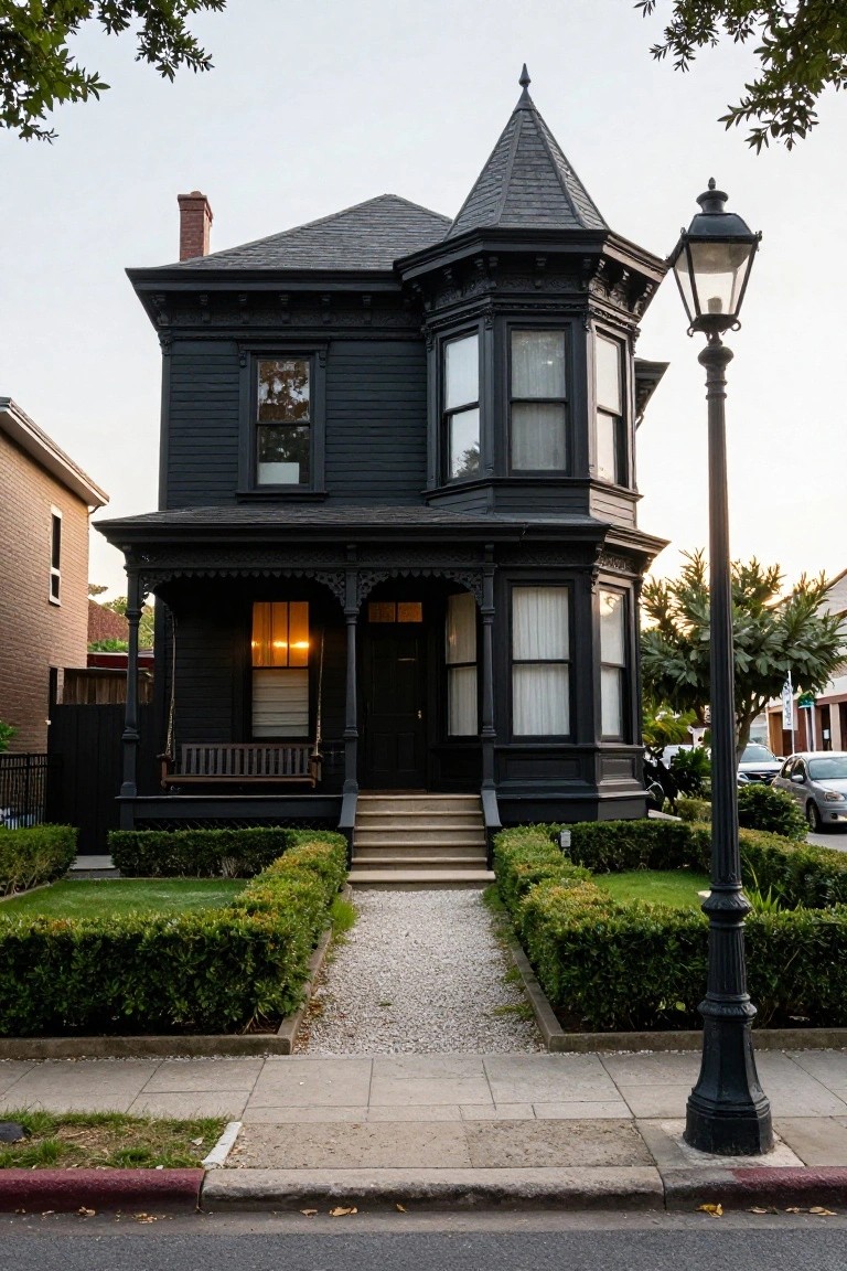 A two-story black Victorian house with turret roof, ornate trim, porch swing, front steps to a dark door, flanked by boxwood hedges and a gravel path, next to a vintage street lamp on a sidewalk.