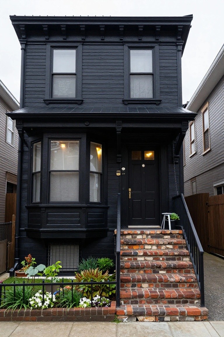 Two-story black-painted Victorian house with bay window, black front door, red brick steps, metal railing, small front garden with plants, and adjacent gray houses on a city street.