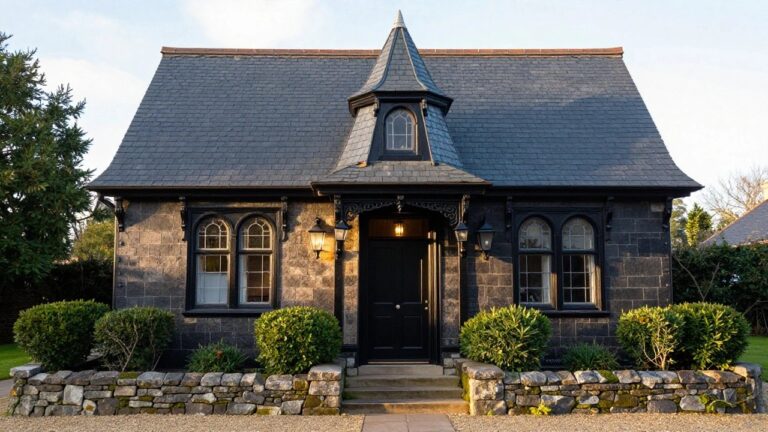Stone house exterior with octagonal turret topped by black slate roof, black front door flanked by lanterns, boxwood shrubs, and stone pathway.