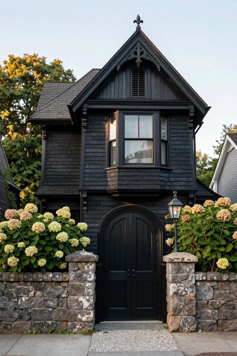 Black shingled Victorian house exterior with Gothic arched wooden front door, flanked by stone pillars and bordered by hydrangea bushes under a partly cloudy sky.