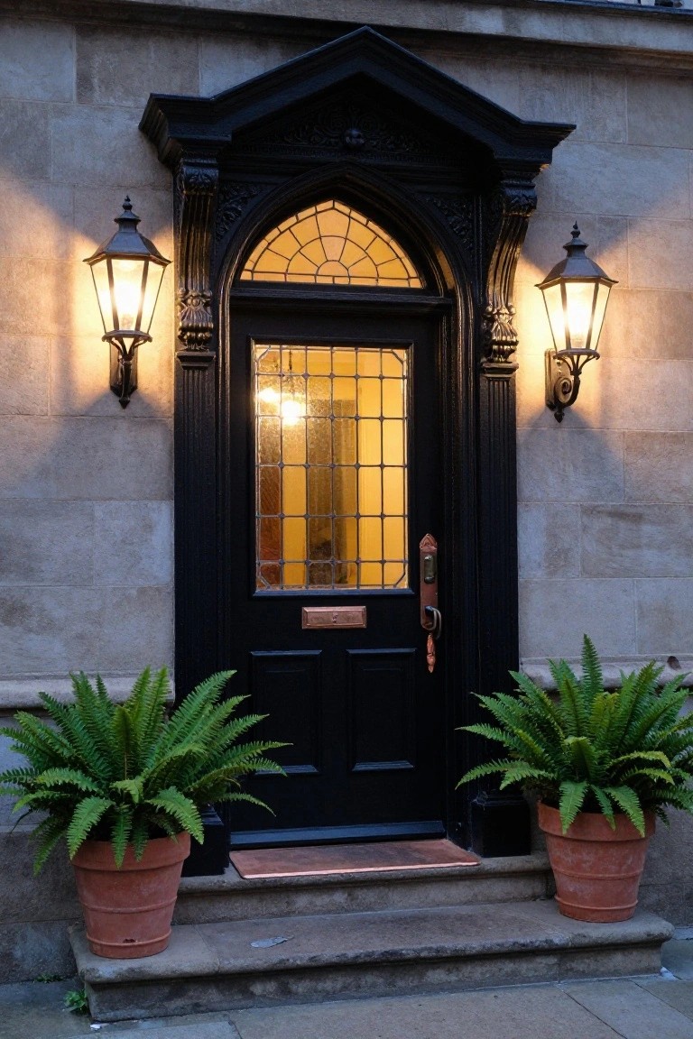 Black wooden front door with Gothic arched stained glass window and brass knocker, flanked by lit ornate lanterns and large potted ferns in terracotta pots on stone steps against a light stone wall at dusk.