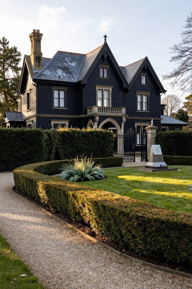 Black shingled Gothic Revival house with slate roof, pointed gables, arched entry, black iron gate, hedges, gravel path, and lawn in front yard.
