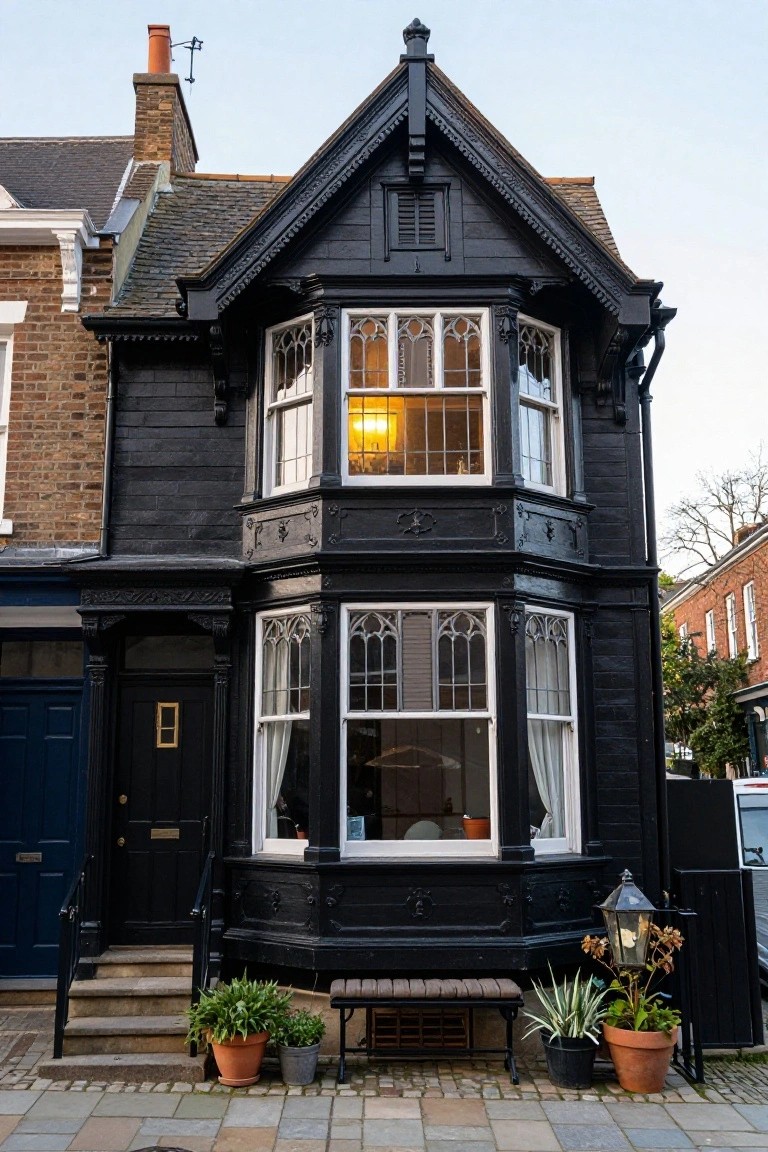A narrow black-painted Victorian house with ornate Gothic bay windows, white frames, a black front door, potted plants, a bench, and a lantern on a cobblestone path next to brick neighboring houses.