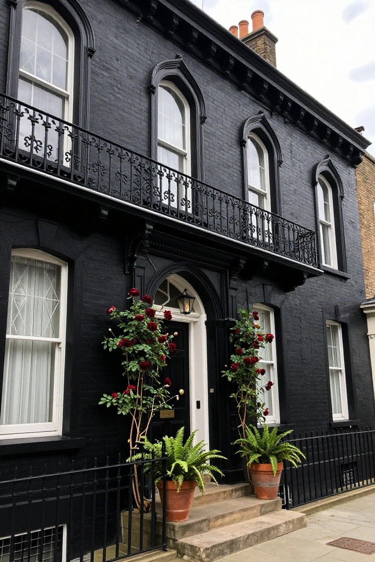 A black-painted Victorian house exterior with gothic arched windows, wrought iron balcony, white front door flanked by red climbing roses, potted ferns on steps, and black iron fence.