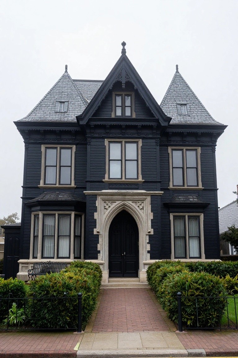 A two-story black Victorian house with steep gabled roofs, narrow multipaned windows, a bay window, and a tall light stone Gothic arched entryway above a dark double door, flanked by boxwood hedges and a brick pathway.