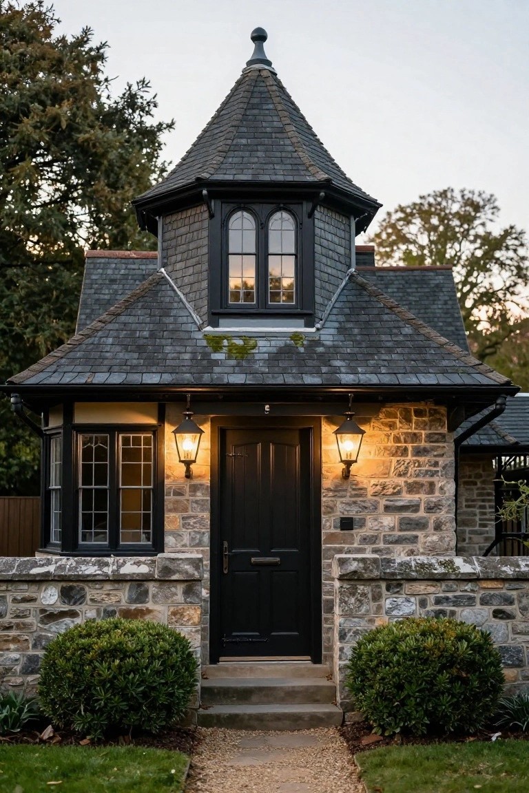 Stone house exterior with octagonal turret topped by black slate roof, black front door flanked by lanterns, boxwood shrubs, and stone pathway.