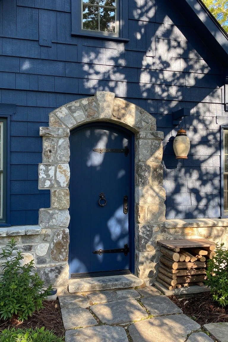 Dark blue wooden front door with black iron hardware set in a light stone arched doorway on a navy blue shingled house exterior, with a hanging lantern, firewood stack, and stone path nearby.