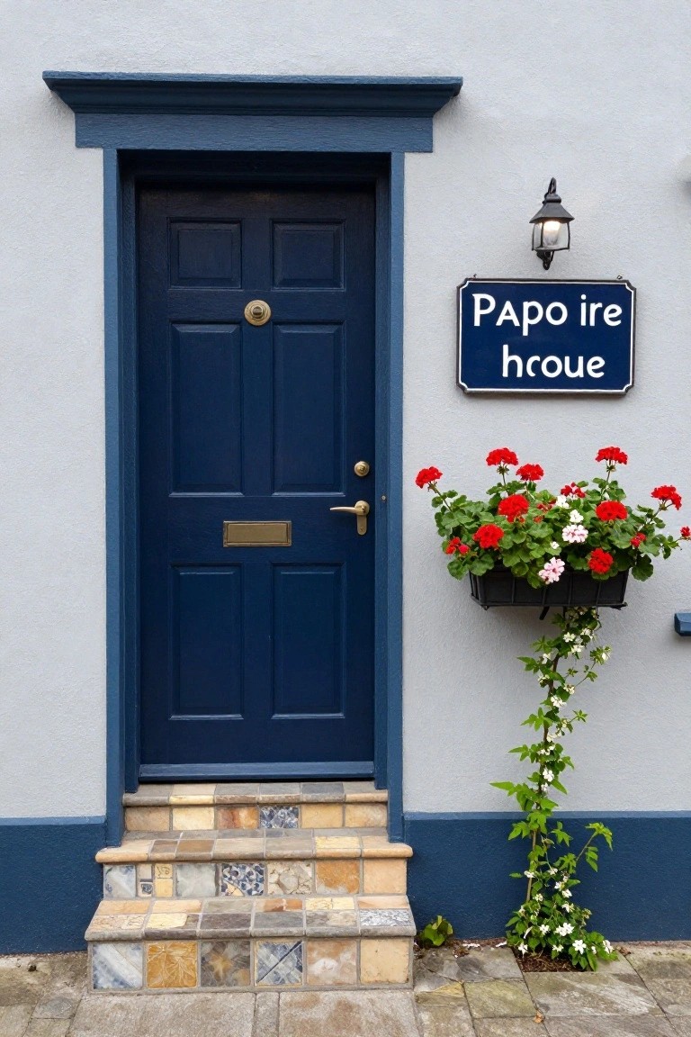 Light grey stucco house wall with navy blue six-panel front door, brass knocker and letterbox, hanging basket of red and white geraniums, ivy vine, exterior lantern light, blue name sign, and colorful tiled steps leading to the entrance.