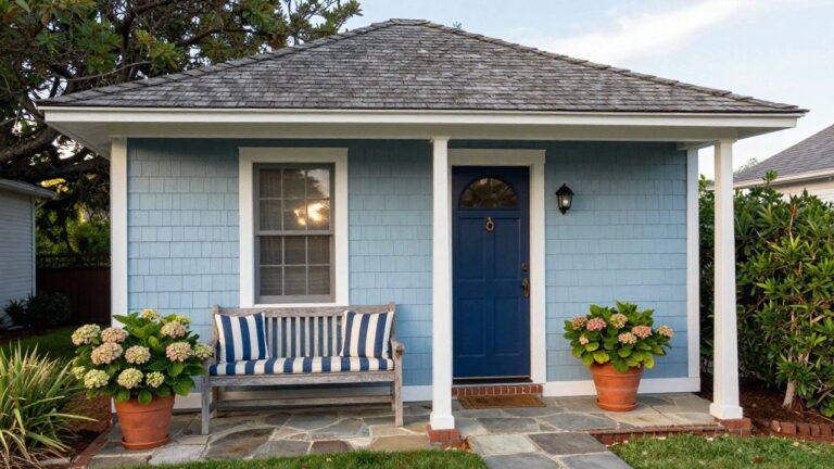 Light blue shingle house with white trim, gabled roof, covered front porch supported by white columns, navy front door flanked by lanterns, wooden bench with striped cushions, potted hydrangeas, boxwoods, and stone walkway.