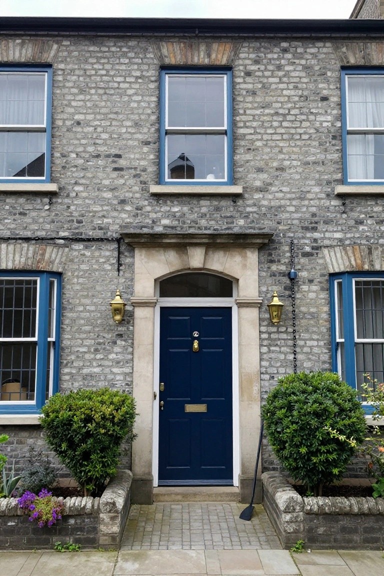 A two-story grey brick terraced house featuring a navy blue front door under a stone archway, blue window frames, gold lanterns, boxwood shrubs in brick planters, and purple flowers on either side of the entrance.