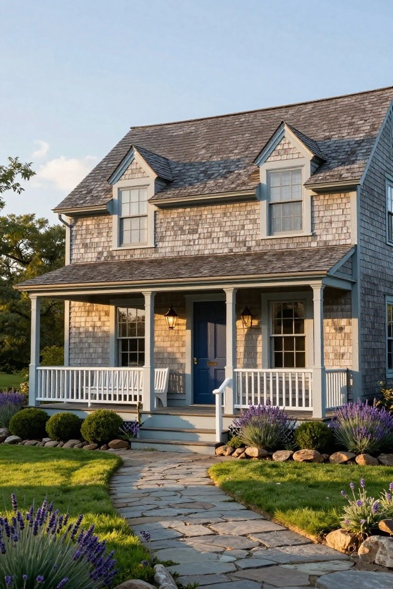 A two-story shingle-style house with light grey cedar shingle siding, a blue front door, white porch railings and columns, flanked by lavender plants and a stone pathway leading to the entry.