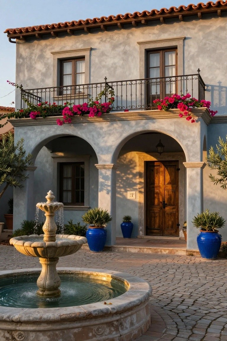 Pale grey stucco house exterior with terracotta tile roof, arched wooden front door, balcony railing with pink bougainvillea flowers, stone fountain in cobblestone courtyard, olive trees, and large blue glazed pots with plants.
