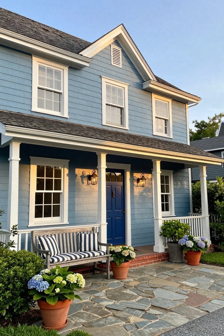Light blue shingle house with white trim, gabled roof, covered front porch supported by white columns, navy front door flanked by lanterns, wooden bench with striped cushions, potted hydrangeas, boxwoods, and stone walkway.